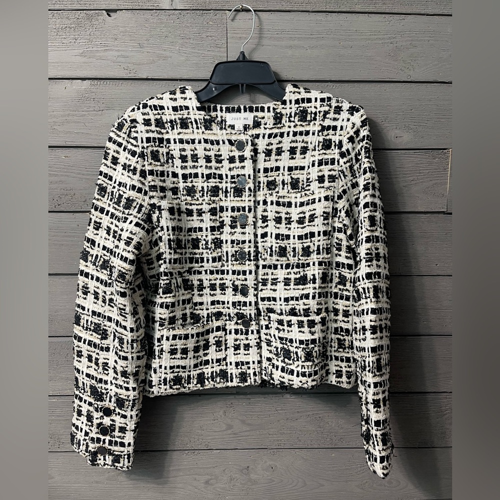 NWOT Vici White Gold Black Emme Tweed Pocketed Blazer Jacket Sz Medium - Picture 5 of 16